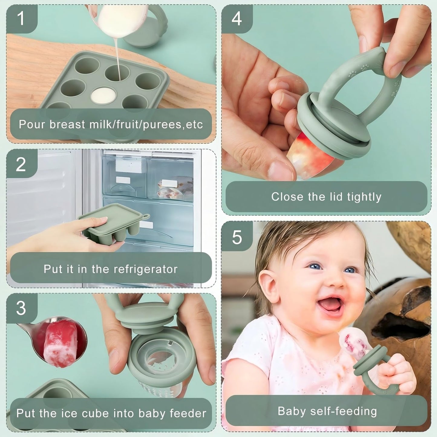 Baby using haakaa silicone fruit feeder for self feeding