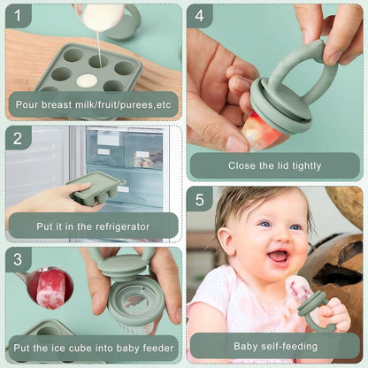 Baby using haakaa silicone fruit feeder for self feeding