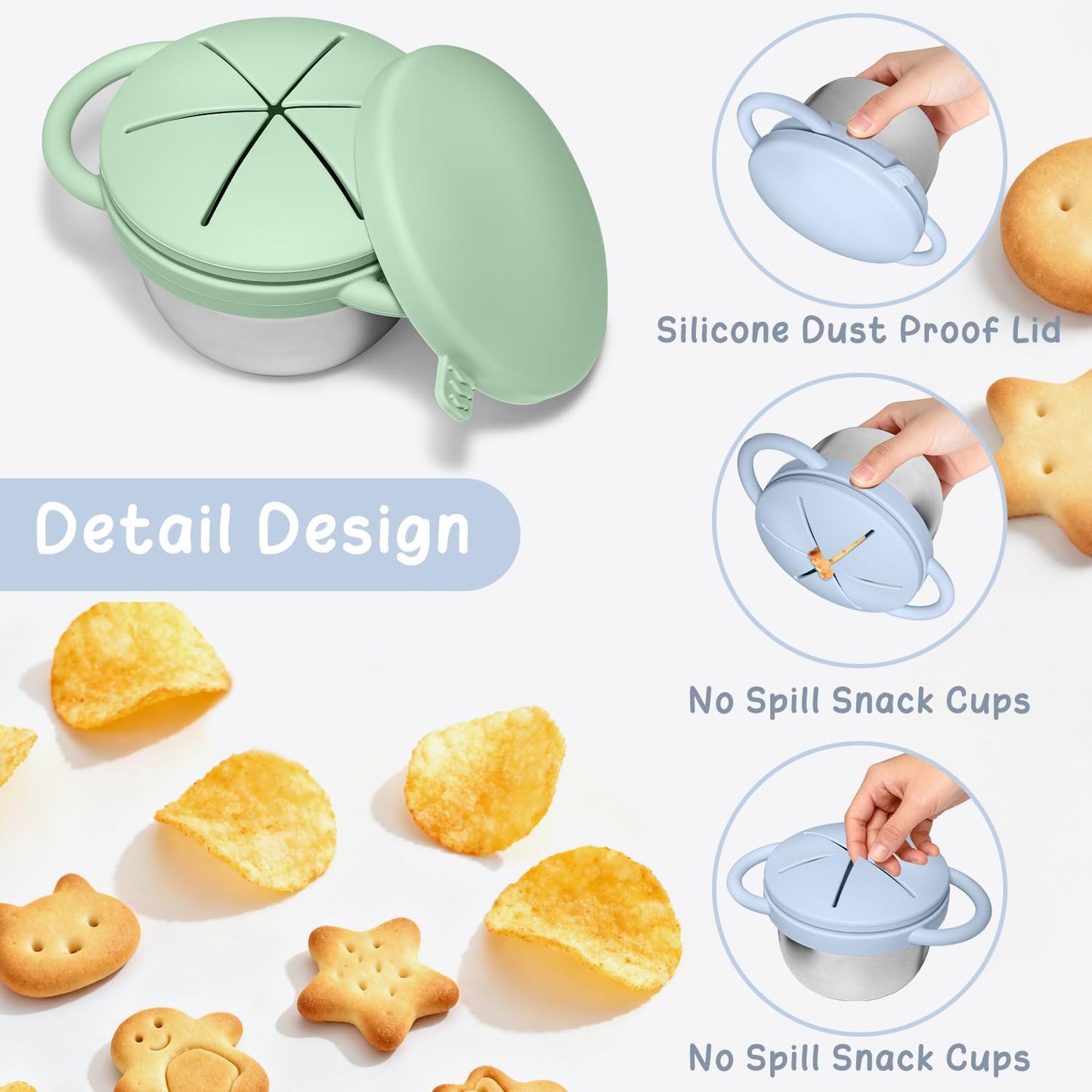 Toddler holding JVEOO stainless steel snack cup by the handles