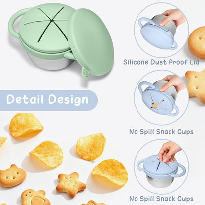Toddler holding JVEOO stainless steel snack cup by the handles