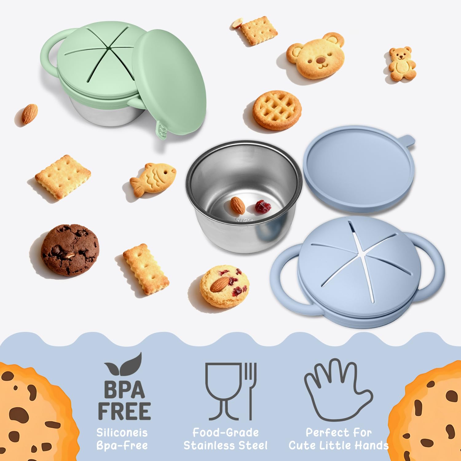 JVEOO snack cup showing BPA-free silicone lid and steel base