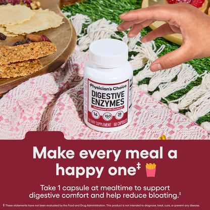 Supplement facts and ingredient list label on Physician's Choice Digestive Enzymes bottle side view