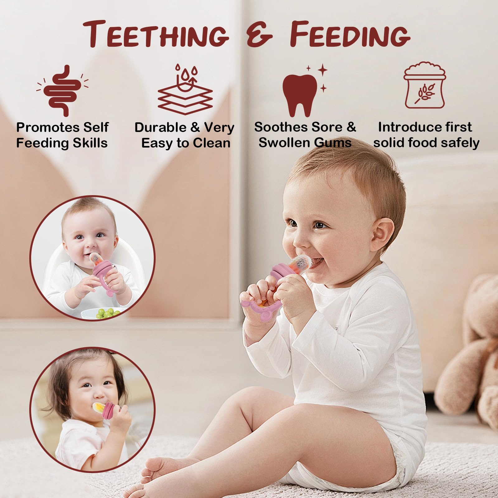 Close up of baby silicone teething pacifier feeder