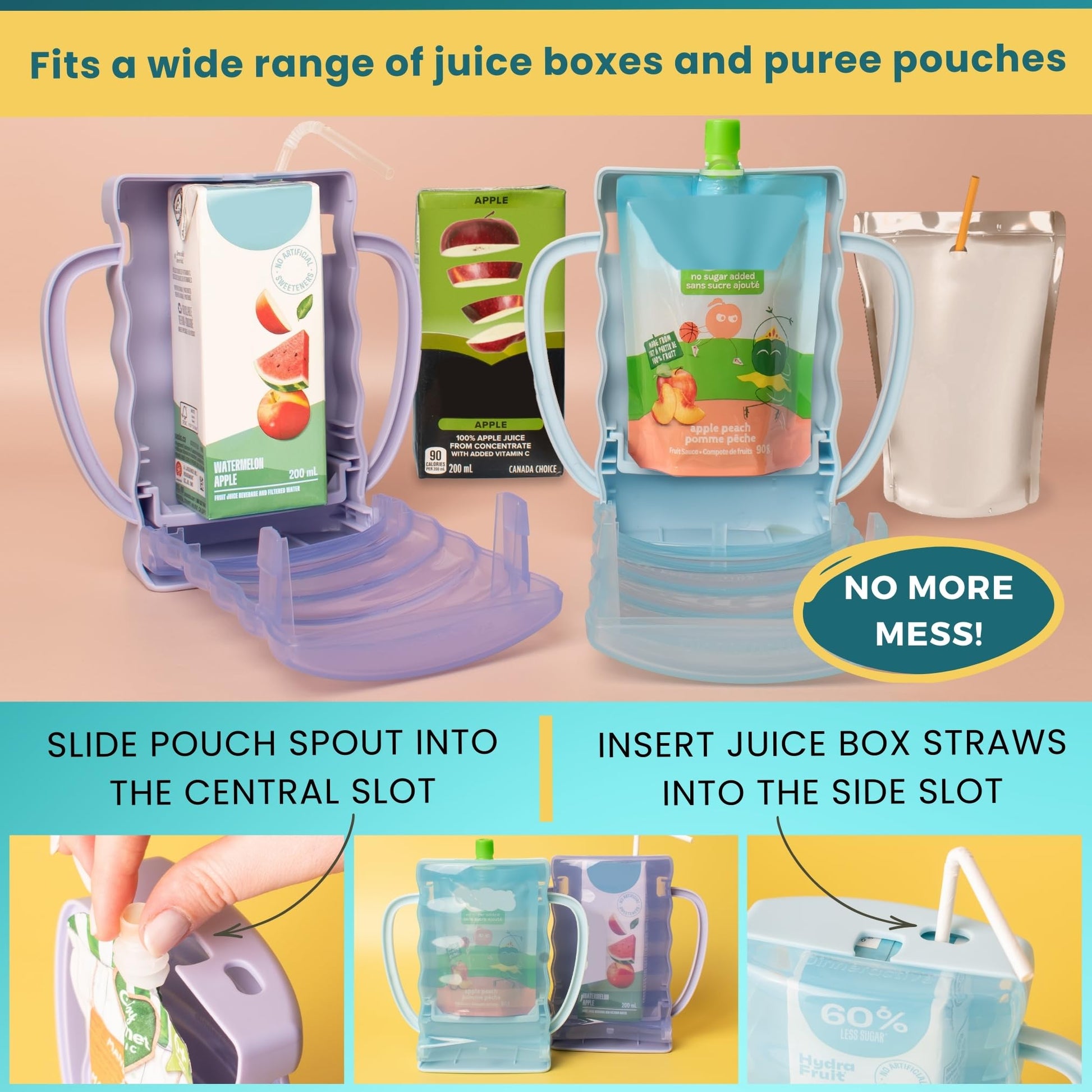 Toddler hands holding Dinneractive Sip Wiz pouch holder