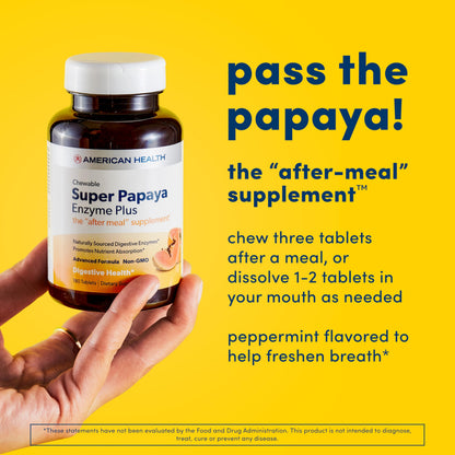 American Health Super Papaya Enzyme Plus 360 count packaging highlighting the non-GMO and vegetarian-friendly product seals.