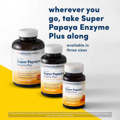 Authentic USA-imported American Health Papaya Enzyme bottle standing upright showcasing the premium quality digestive aid.