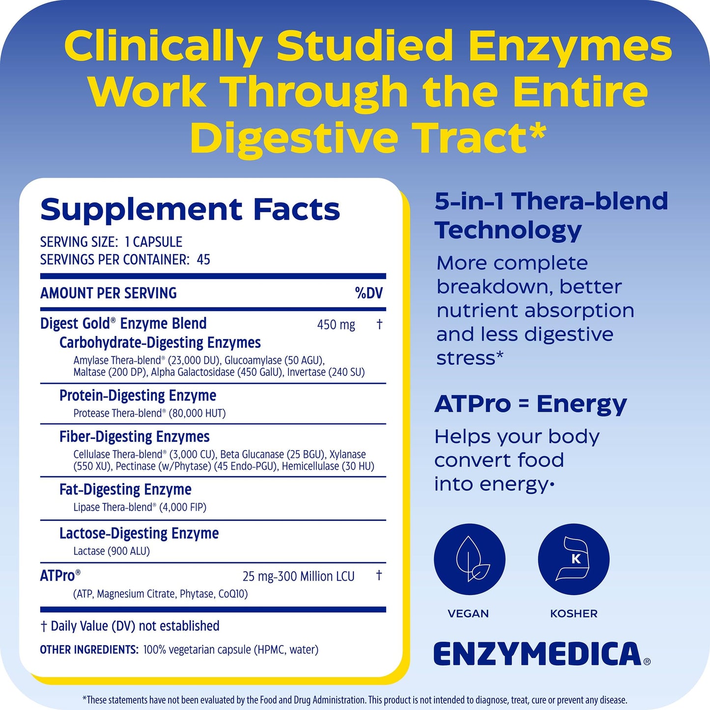 Enzymedica premium digestive enzyme supplement label details showing maximum strength dosage guidance