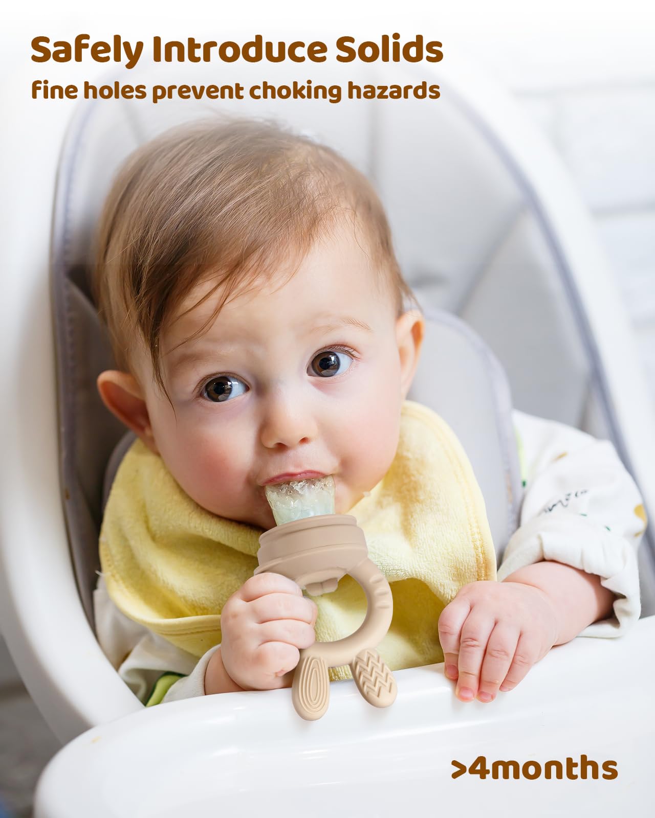 Two ChooKaChoo silicone baby feeders in caramel and olive colors