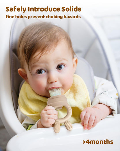Two ChooKaChoo silicone baby feeders in caramel and olive colors