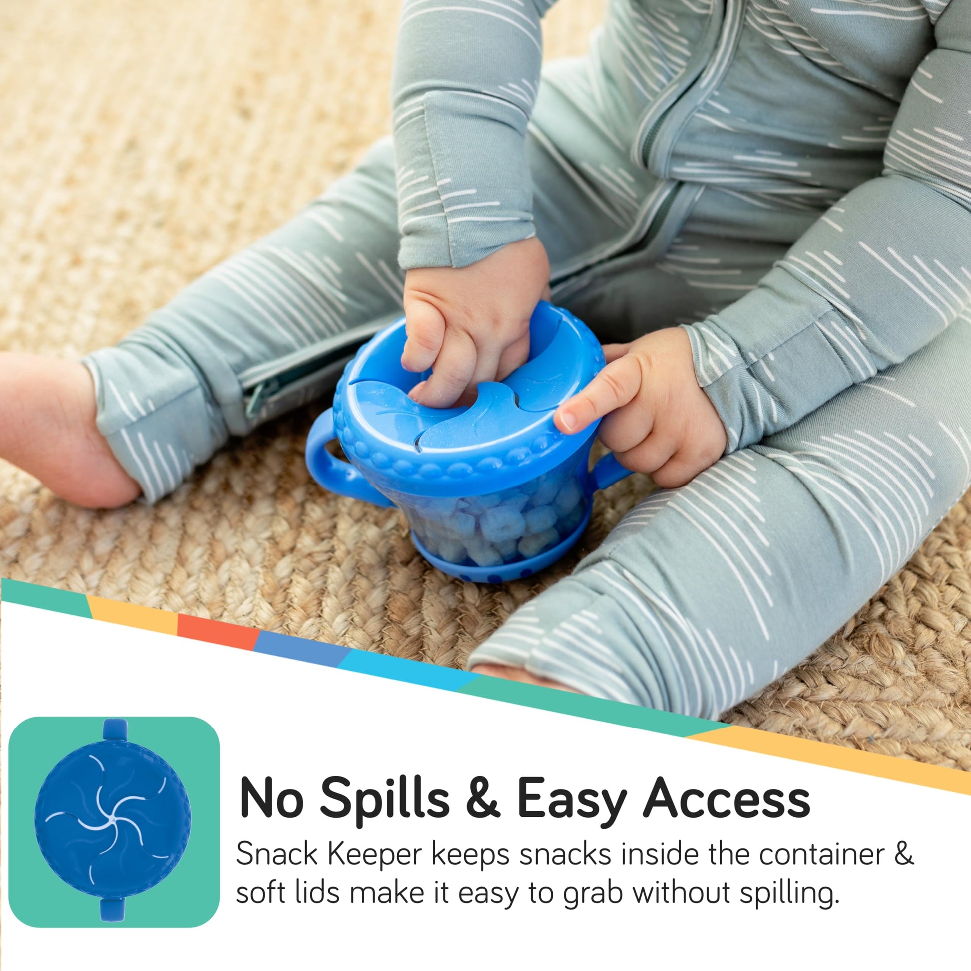 Side view of Nuby toddler snack cup with soft flaps