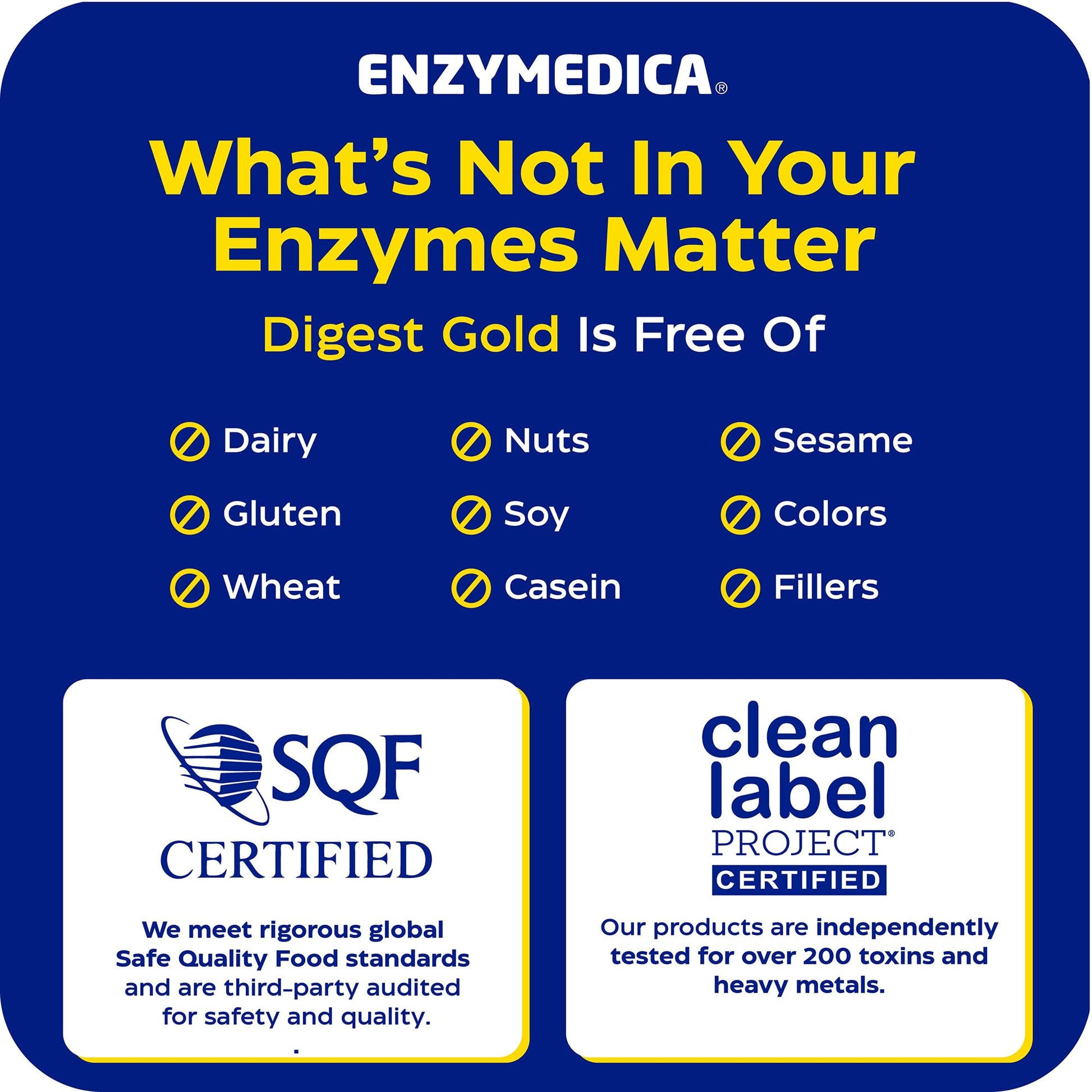 Enzymedica clean formulation packaging displaying allergy safe and gluten free product details