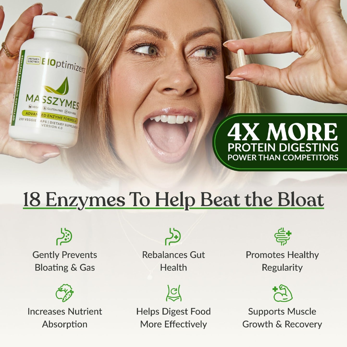BIOptimizers MassZymes supplement label showing 18 active digestive enzymes