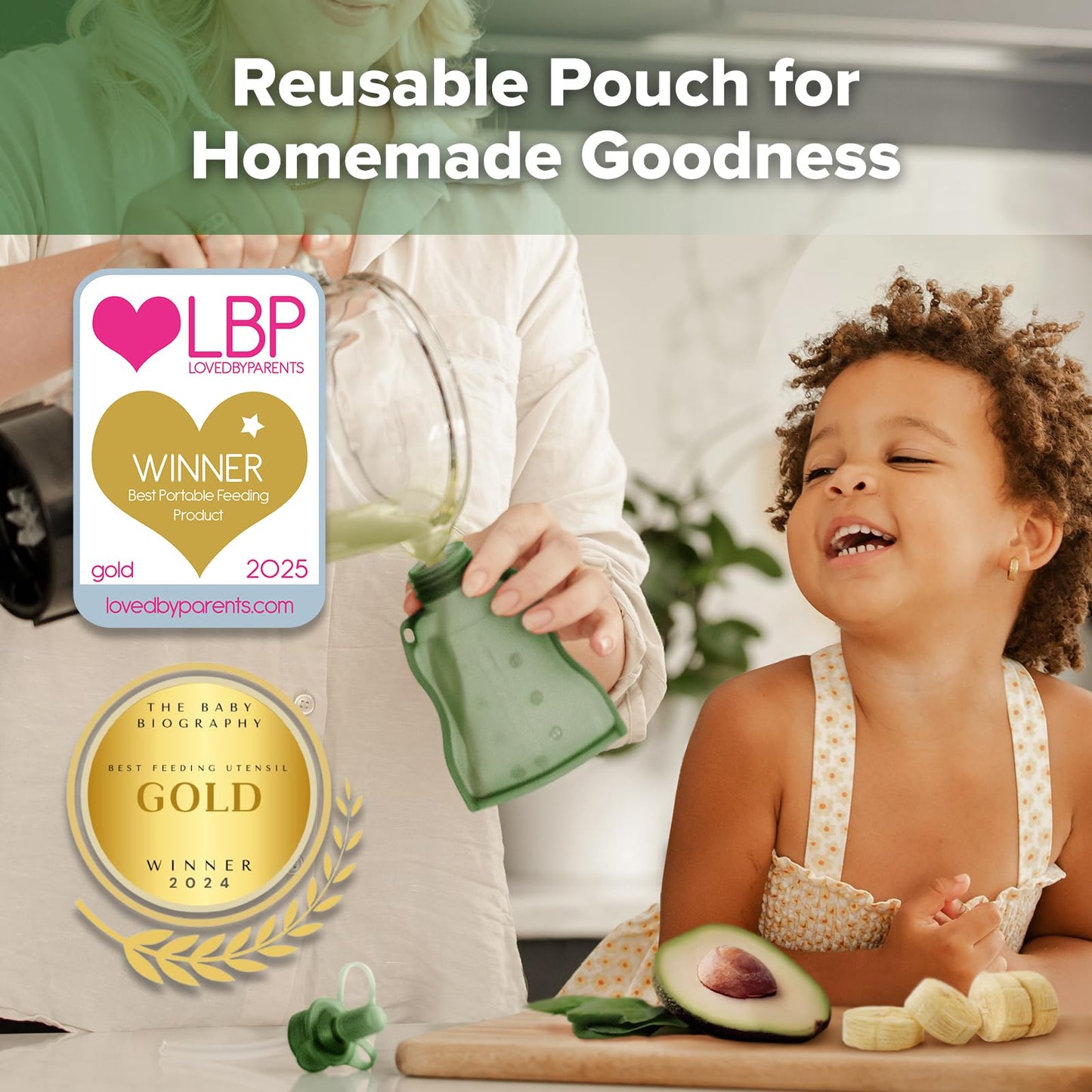 Haakaa silicone food pouch showing the spill-proof spout