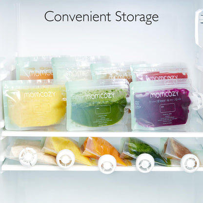 Momcozy food storage pouches showing double zipper leakproof seal