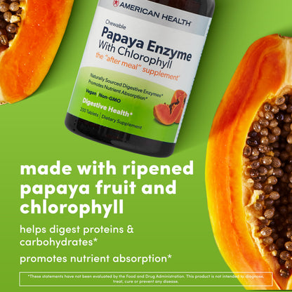 Close up of the chewable papaya enzyme tablets with chlorophyll highlighting the natural green speckled formulation.