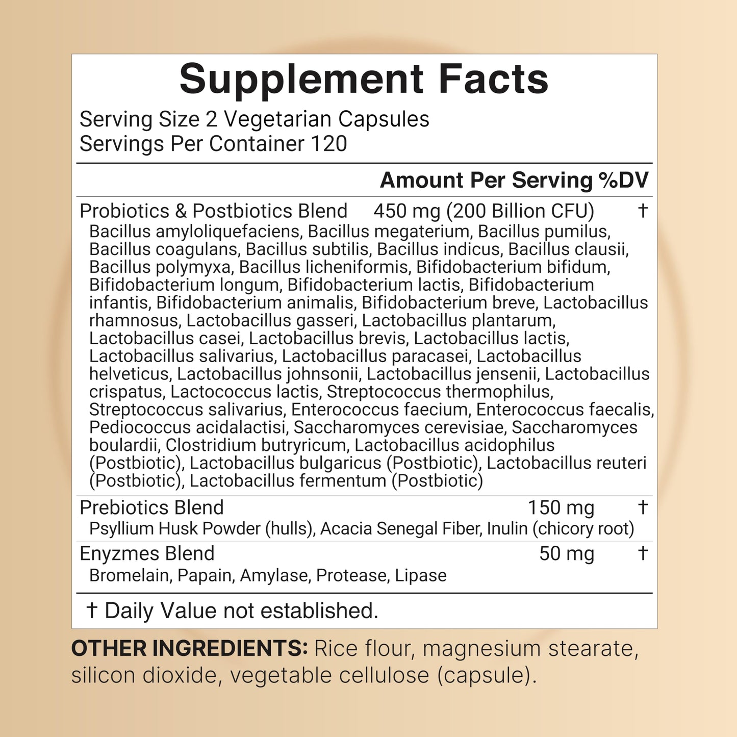 Supplement facts label on the back of NatureBell forty strains probiotic capsules