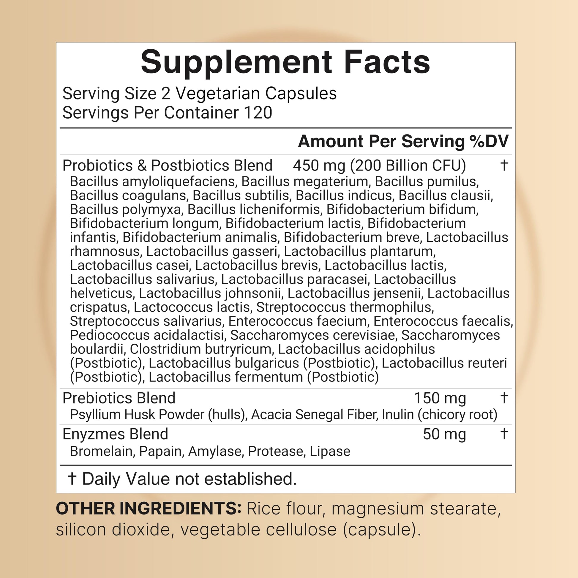 Supplement facts label on the back of NatureBell forty strains probiotic capsules