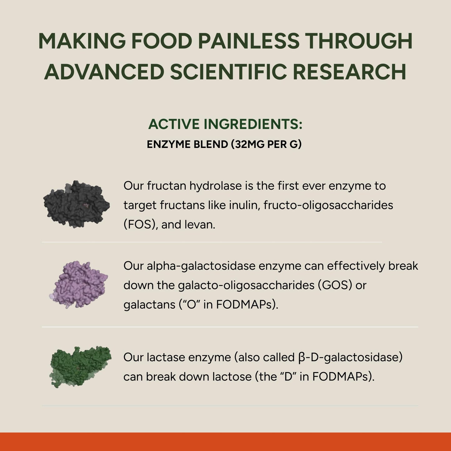 FODZYME digestive enzyme powder showing nutritional ingredients panel