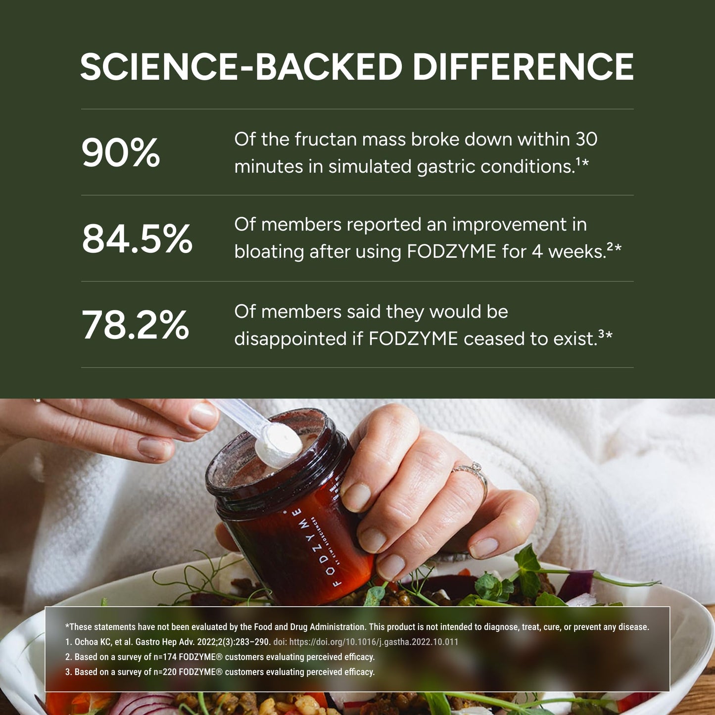 Tasteless digestive supplement powder by FODZYME close up view