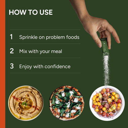 FODZYME gut health powder showing directions for sprinkling on meals