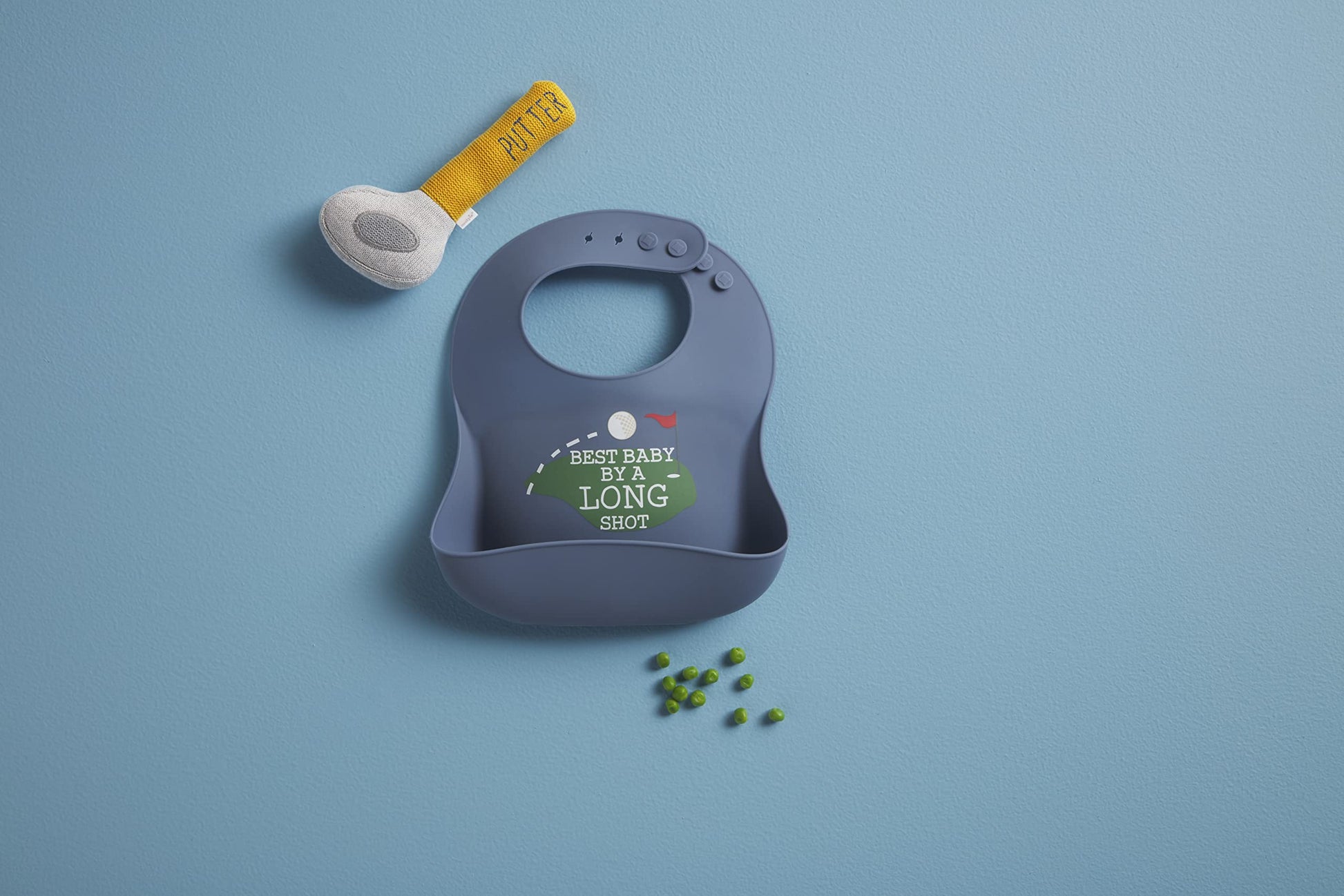 Mud Pie baby silicone bib with golf putter rattle accessory