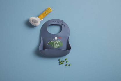 Mud Pie baby silicone bib with golf putter rattle accessory