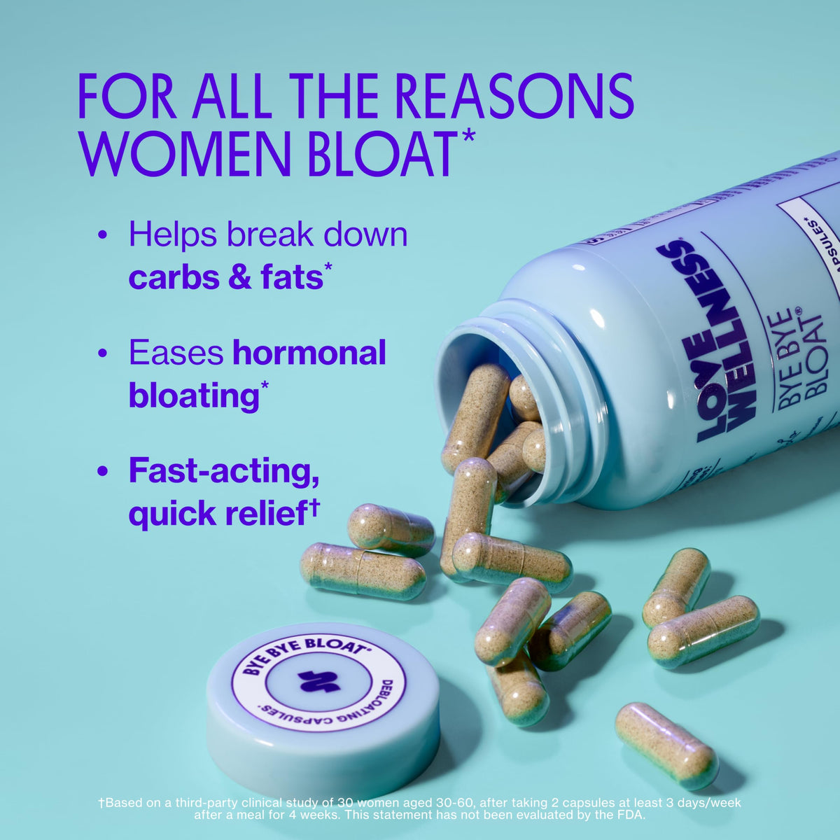 Love Wellness Bye Bye Bloat 60 count supplement bottle lifestyle angle