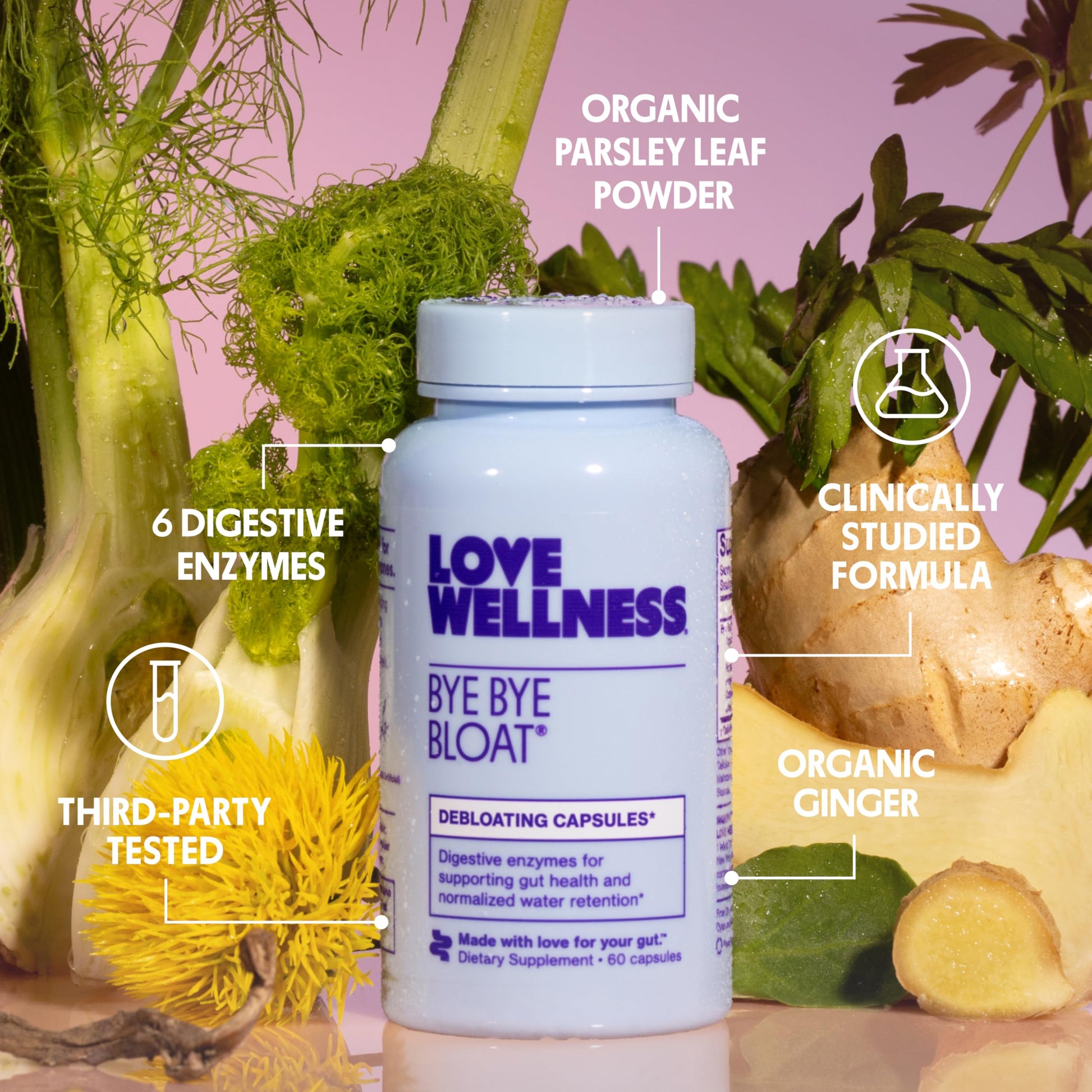 Love Wellness Bye Bye Bloat capsules next to original imported packaging for women digestive care