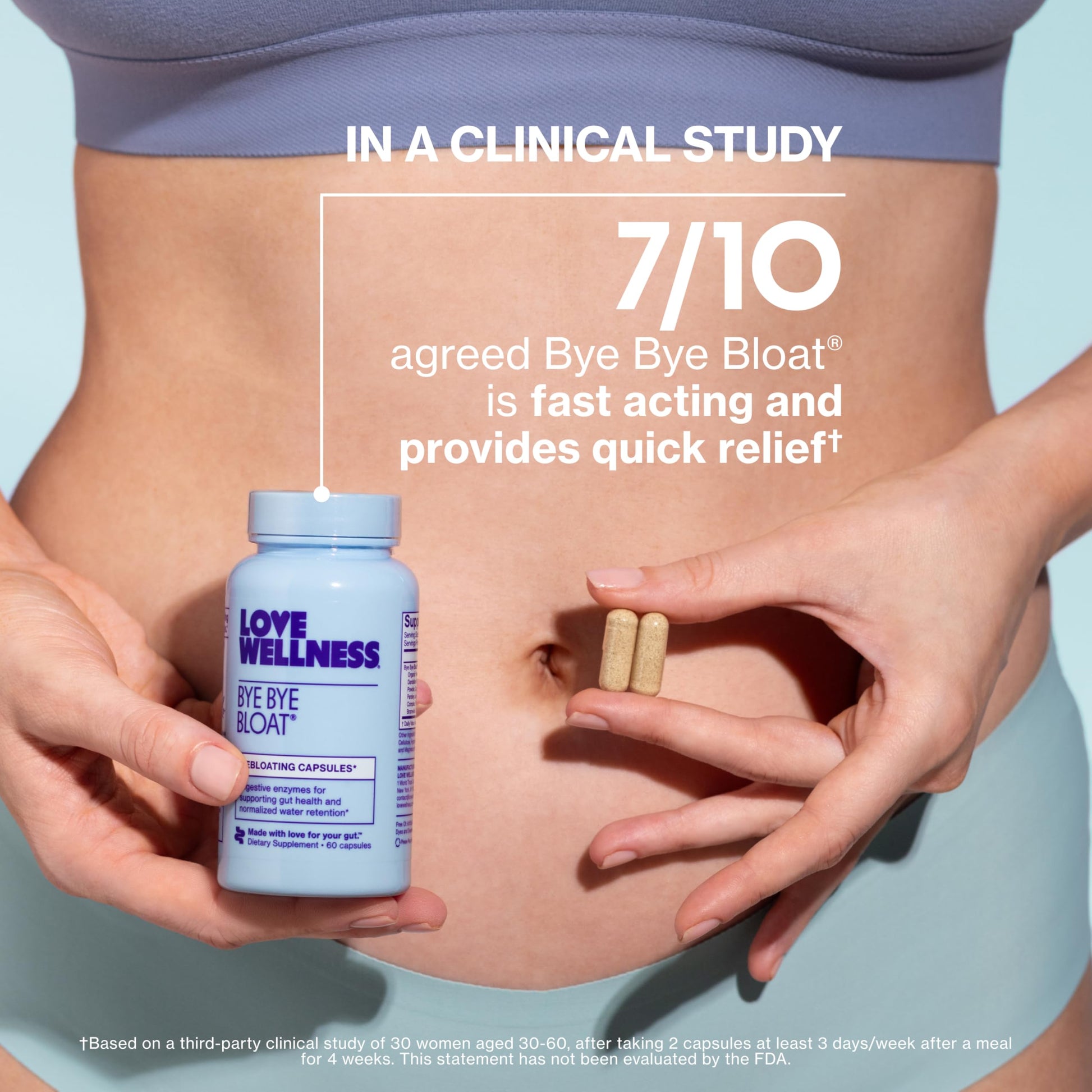 Love Wellness Bye Bye Bloat nutritional facts panel showing organic ginger and fenugreek details