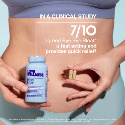 Love Wellness Bye Bye Bloat nutritional facts panel showing organic ginger and fenugreek details