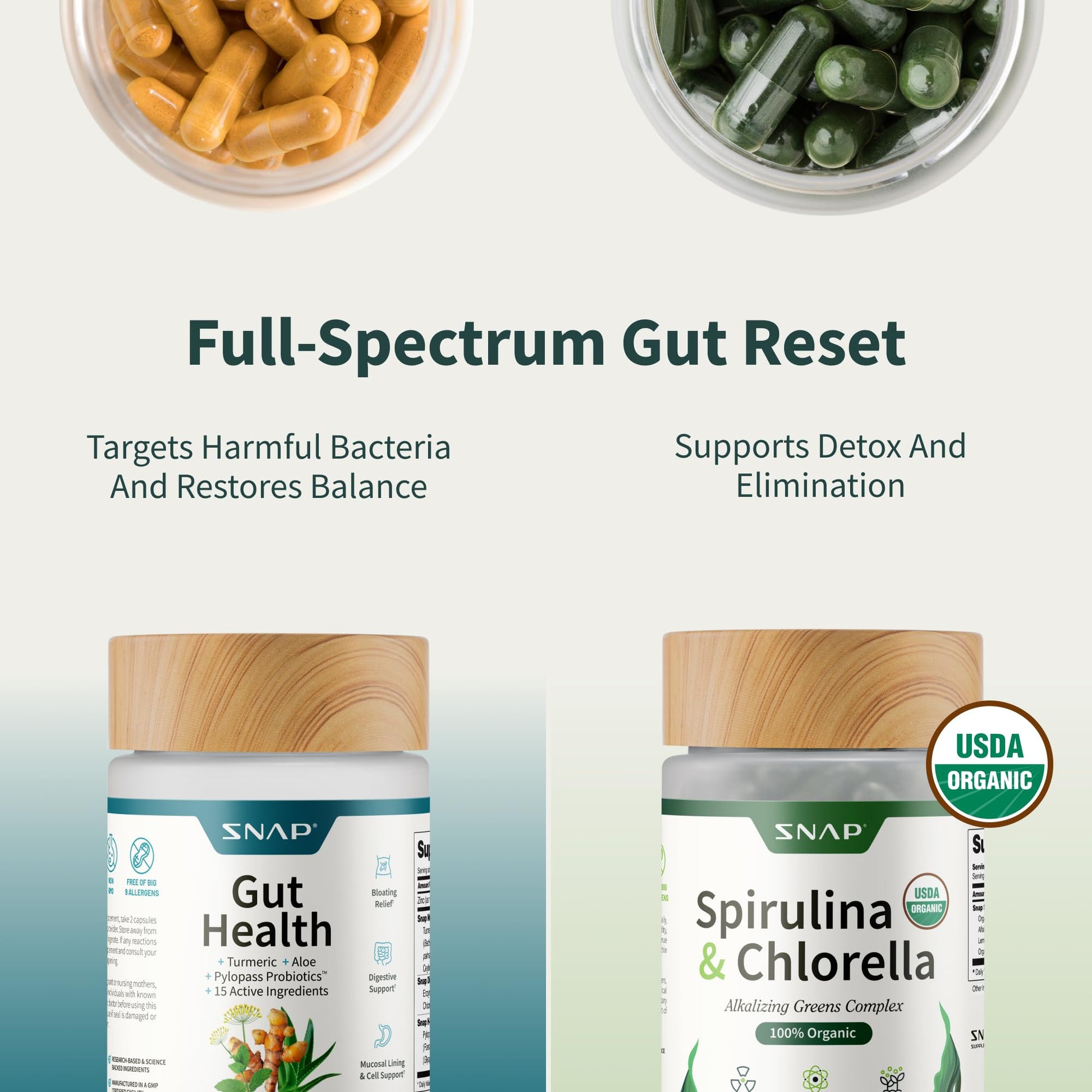 Snap Supplements Gut Health bottle displaying probiotic and enzyme ingredients label