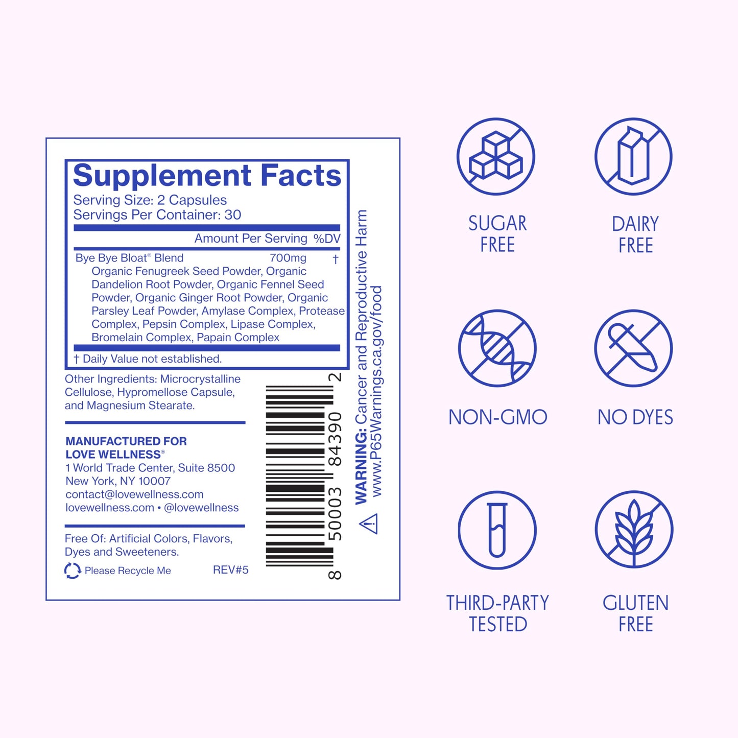 Love Wellness Bye Bye Bloat daily digestive supplement capsules for fast acting bloating relief