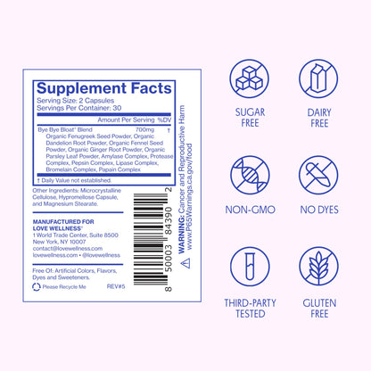 Love Wellness Bye Bye Bloat daily digestive supplement capsules for fast acting bloating relief