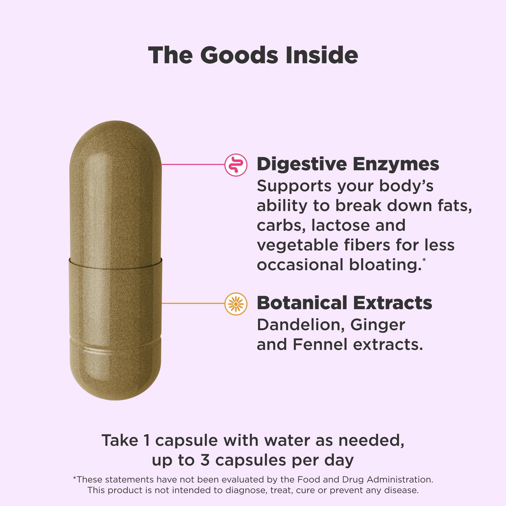 Vegetarian bloating relief pills by OLLY for women showing capsule size