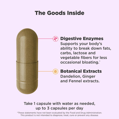 Vegetarian bloating relief pills by OLLY for women showing capsule size