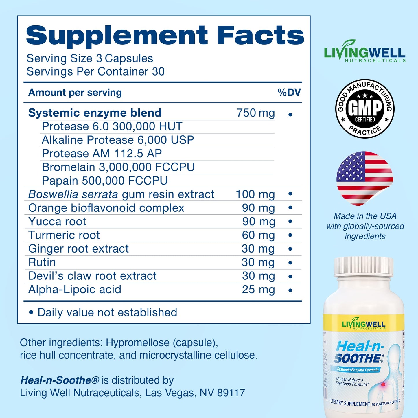 LivingWell HEAL-N-SOOTHE 90 count dietary capsules bottle on clean background