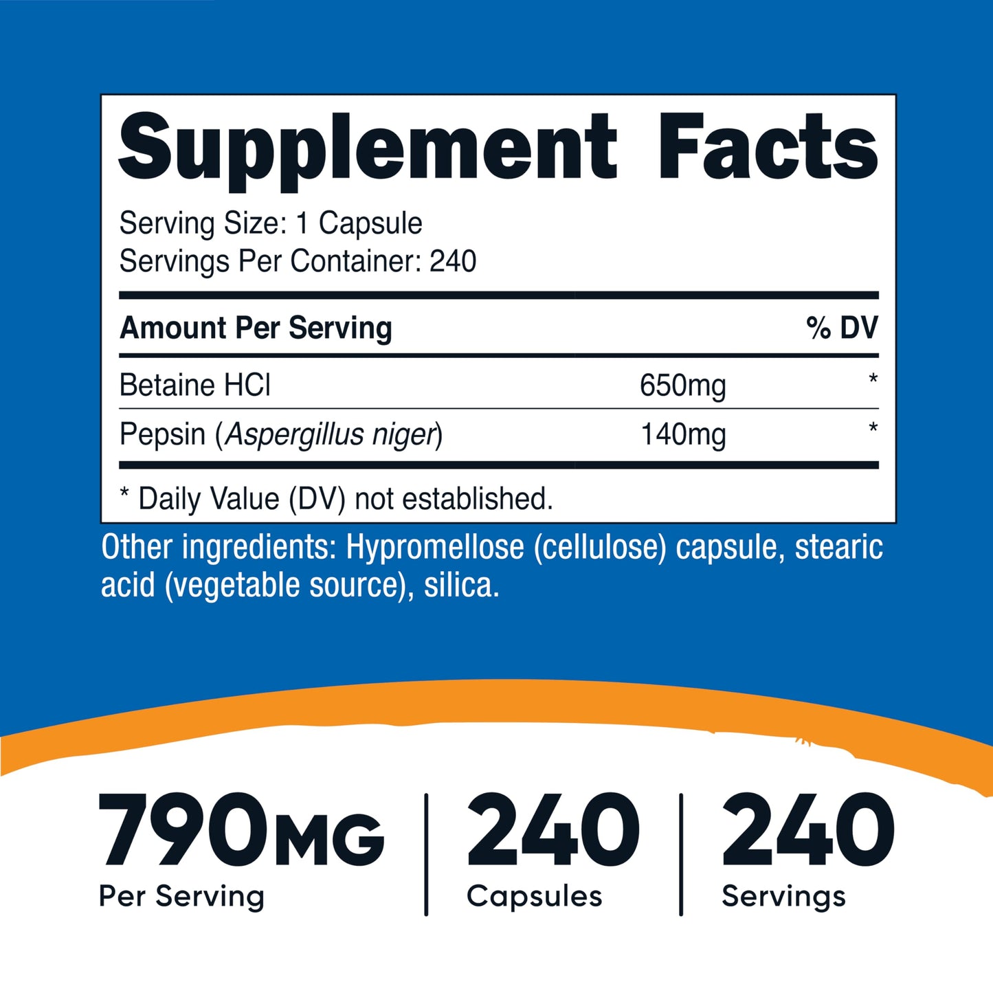 Nutricost Betaine HCl and Pepsin vegetarian capsules supplement facts and ingredient label details