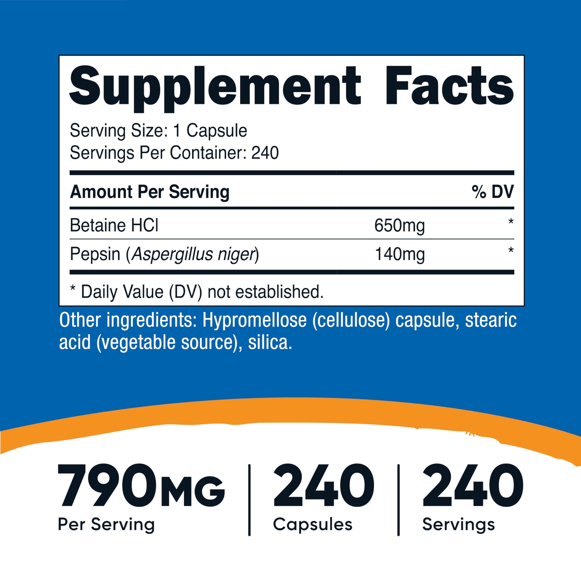 Nutricost Betaine HCl and Pepsin vegetarian capsules supplement facts and ingredient label details