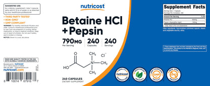 Nutricost Betaine HCl Pepsin 790mg dietary supplement bottle standing upright on a clean retail display background