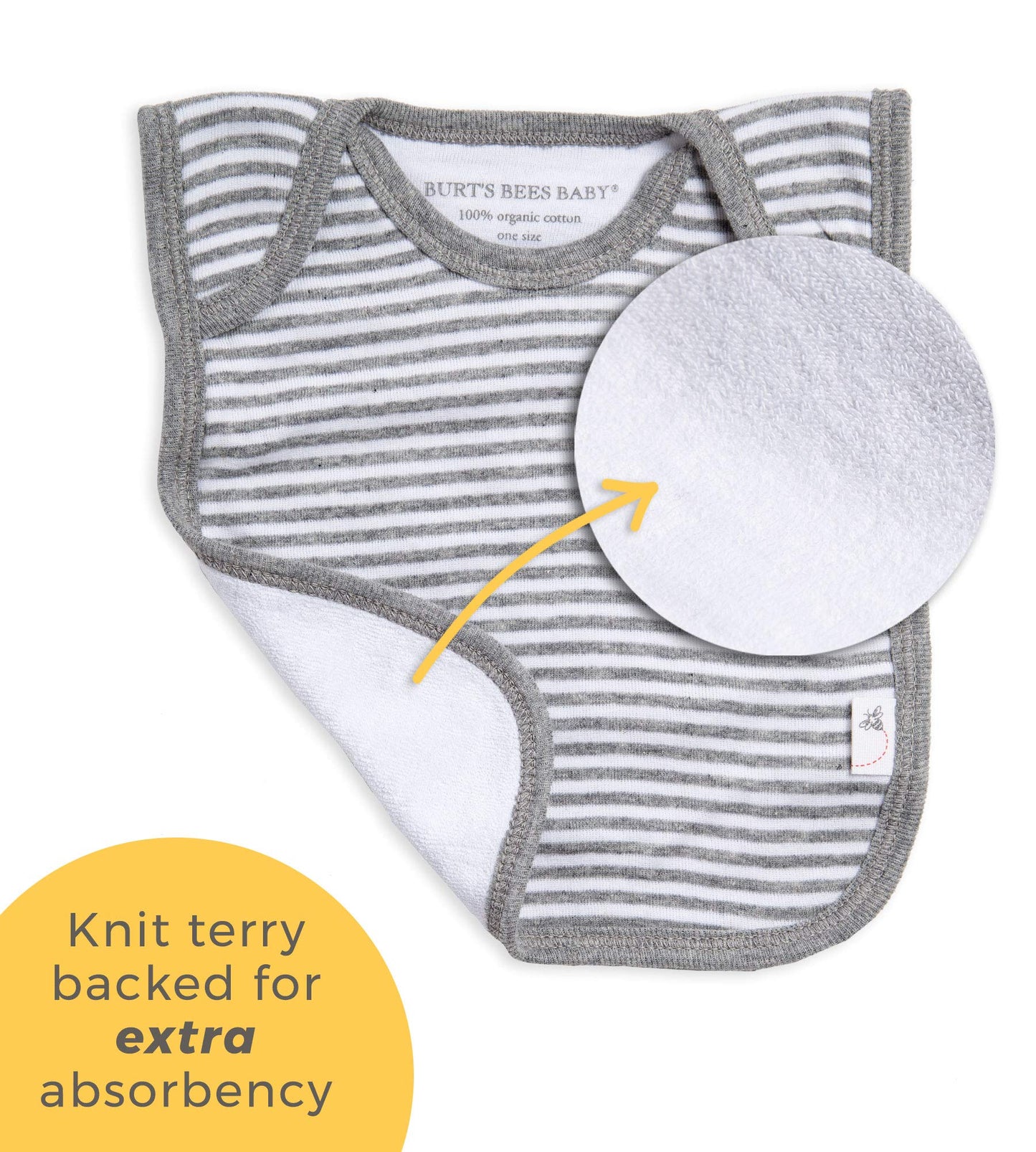Burt's Bees Baby unisex bib demonstrating pull-over style