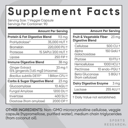 Sports Research non GMO project verified digestive enzymes bottle with DE111 probiotic icon