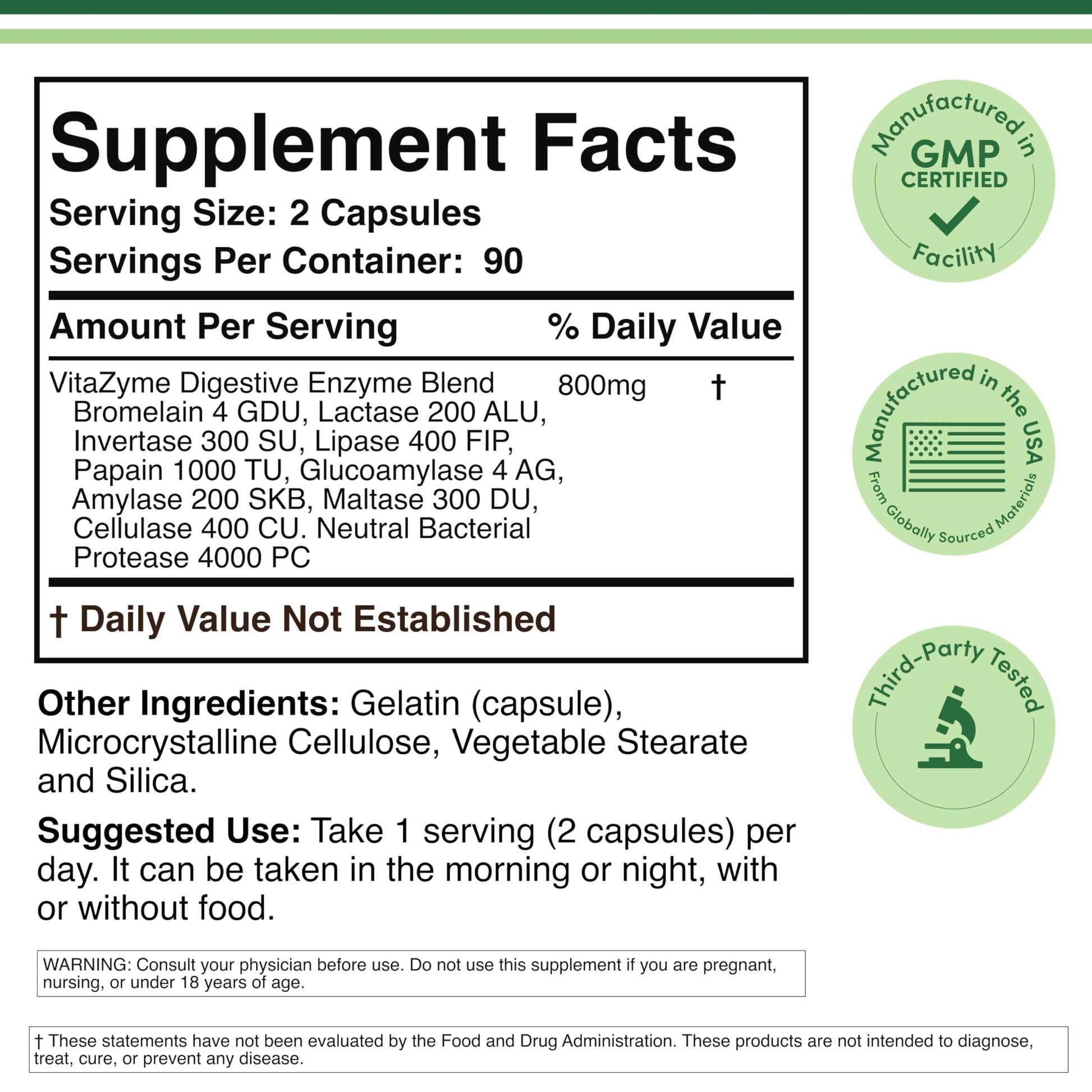 Double Wood 10 Enzyme Blend supplement facts panel detailing VitaZyme ingredients list