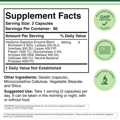 Double Wood 10 Enzyme Blend supplement facts panel detailing VitaZyme ingredients list