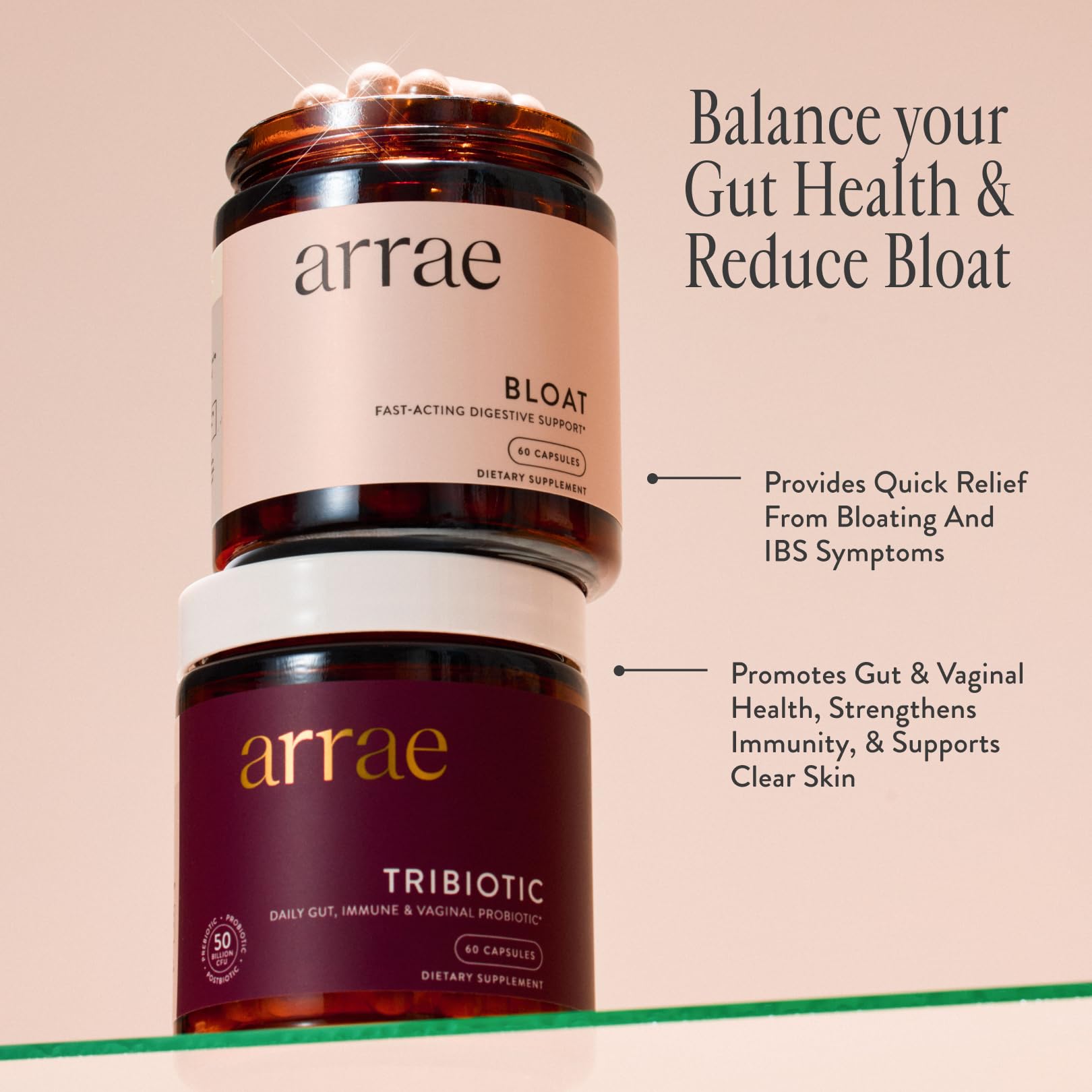Arrae gas and indigestion relief supplement capsules close up