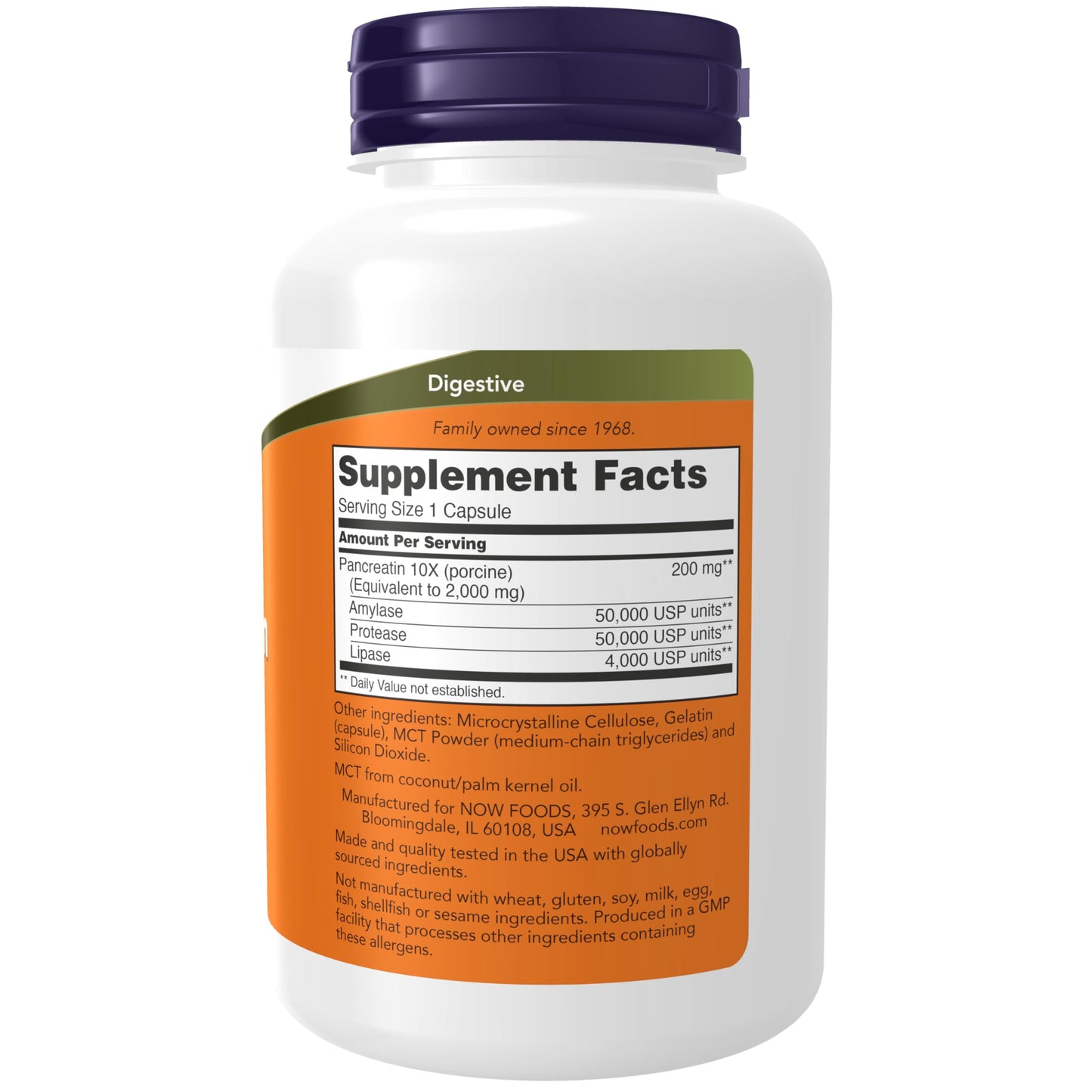 NOW Foods Pancreatin 2000 supplement bottle showing ingredient facts label