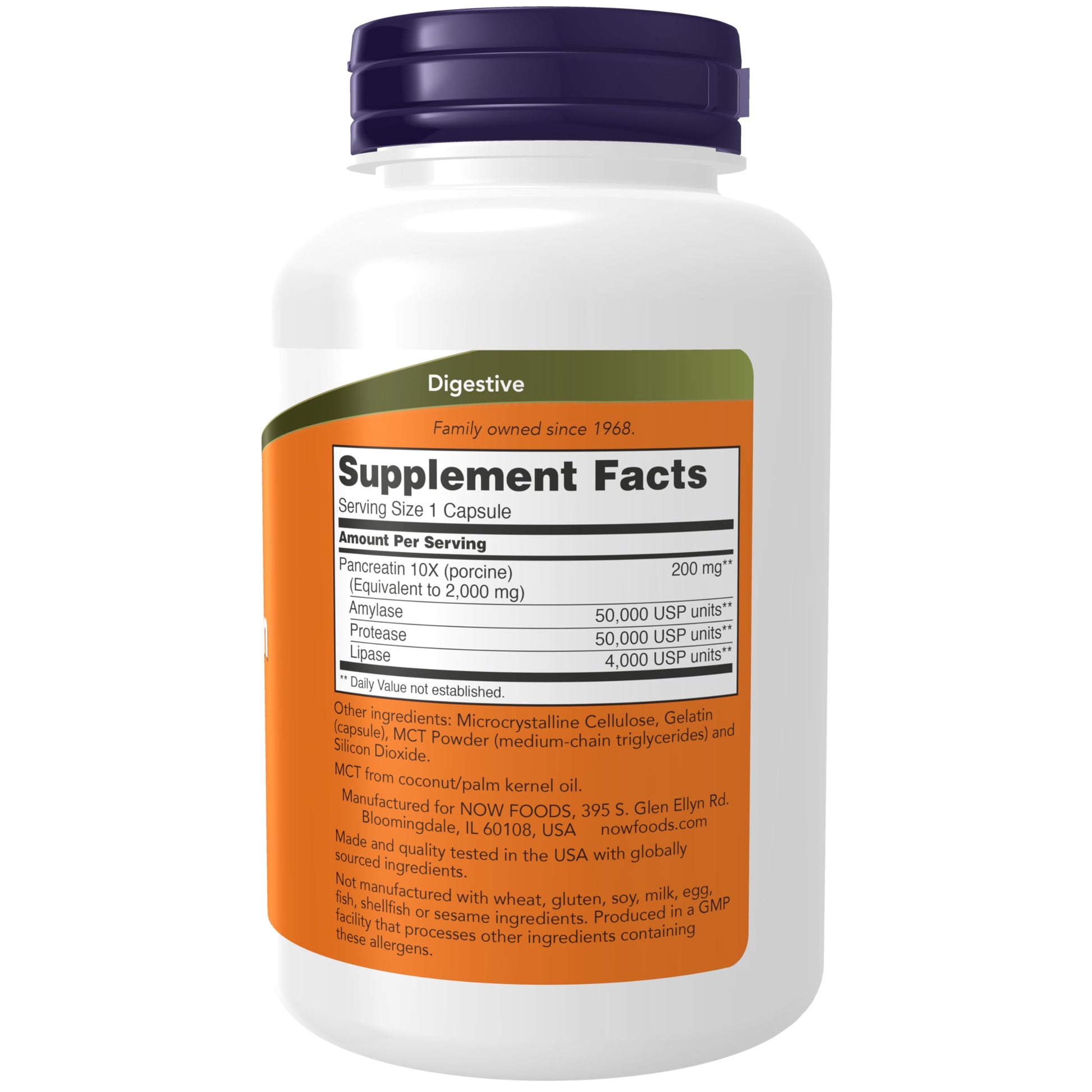 NOW Foods Pancreatin 2000 supplement bottle showing ingredient facts label