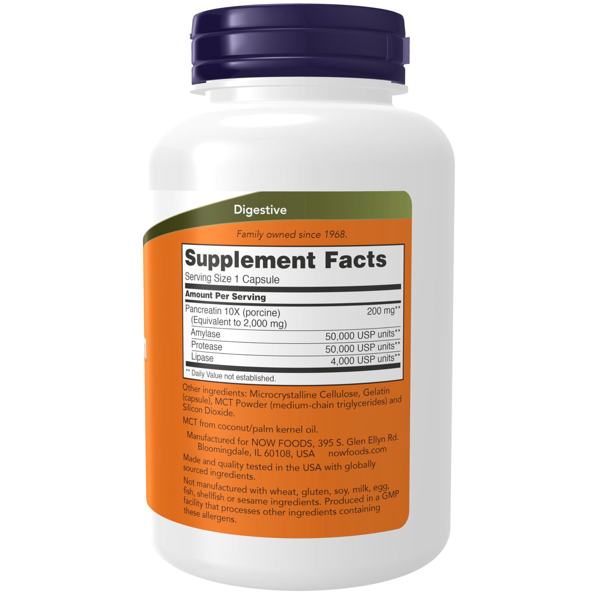Now Foods Pancreatin 2000 supplement bottle back label ingredients