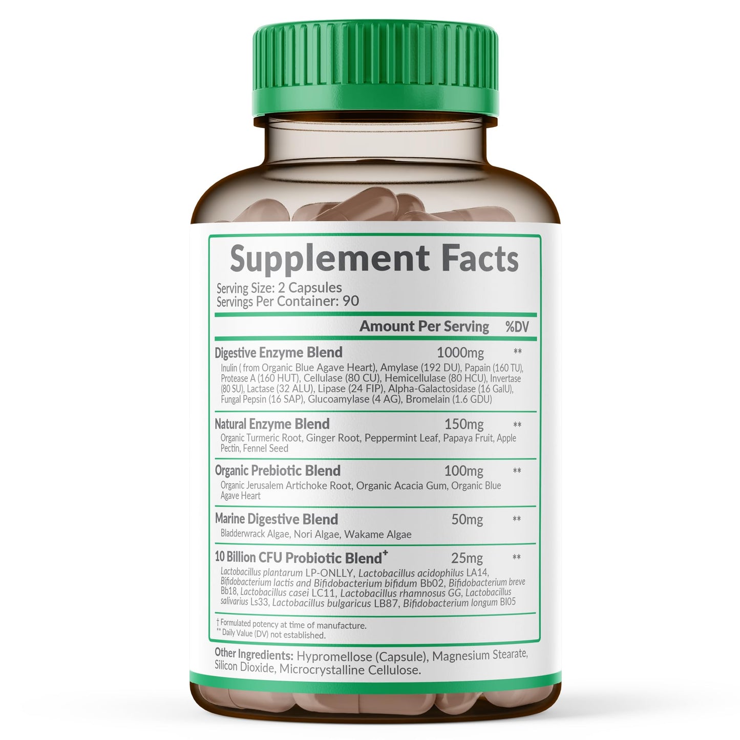 Wholesome Wellness Digestive Enzymes supplement facts panel showing enzyme blend and probiotics ingredients