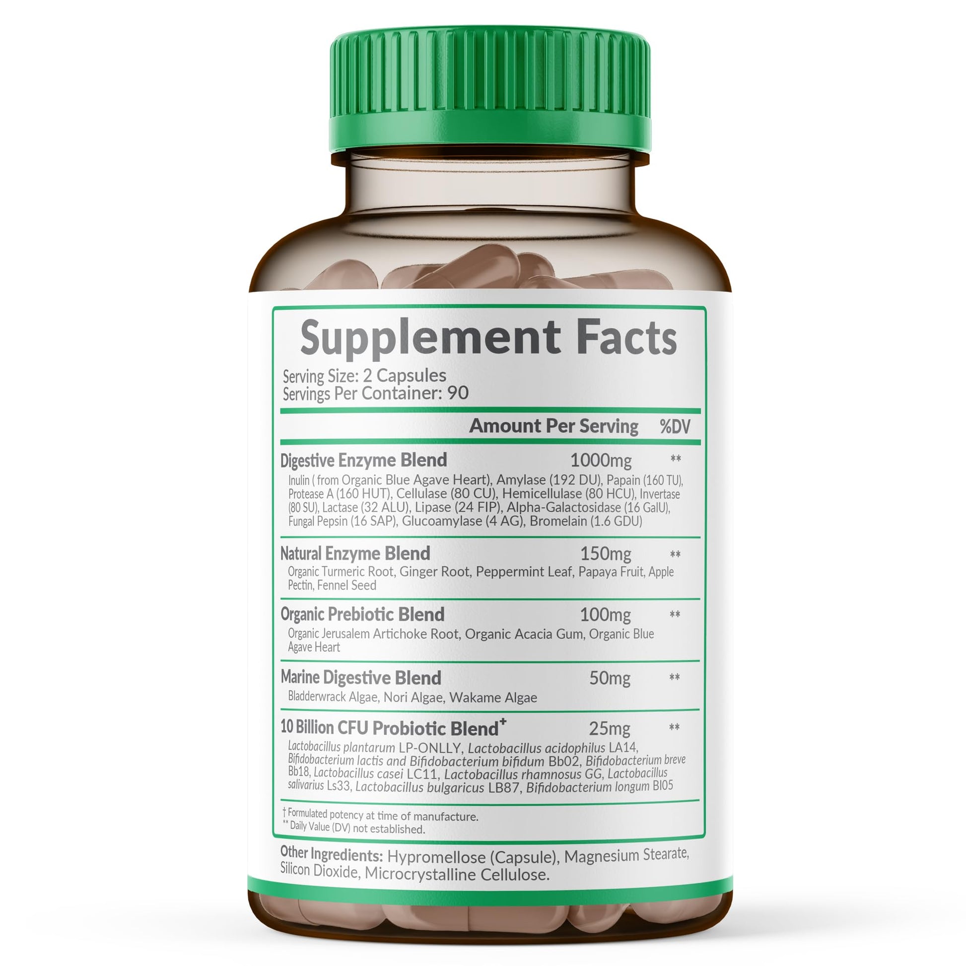 Wholesome Wellness Digestive Enzymes supplement facts panel showing enzyme blend and probiotics ingredients