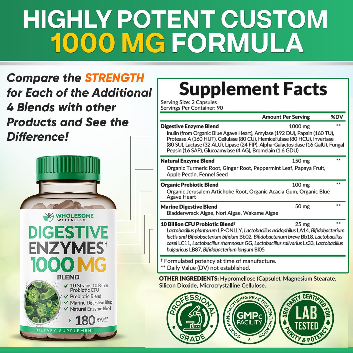 Wholesome Wellness 10 billion CFU probiotic and enzyme bottle with organic prebiotics label